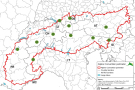 Übersichtskarte des Alpenbogens mit grünen Markierungspunkten