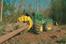 Forstspezialmaschine mit großer Greifzänge schleift mehrere Kiefernstämme