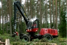 Forstspezialmaschine mit einem Greifarm mit einem Kopf zum Bäumefällen
