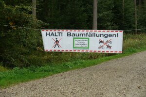 Waldweg versperrt mit Absperrband, Fahnen und Warnschild