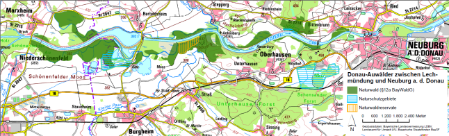 Übersichtskarte des Artenschutzgebiets bei der die Ausweisungen als Naturwaldfläche nach Art. 12 a BayWaldG mit dunkelgrüner Farbe eingezeichnet sind. Naturschutzgebiete sind blau und Naturwaldreservate orange schraffiert. (Geobasisdaten: Bayerische Staatsforsten BaySF, Bayerische Landesvermessung LDBV, Landesamt für Umweld LfU)