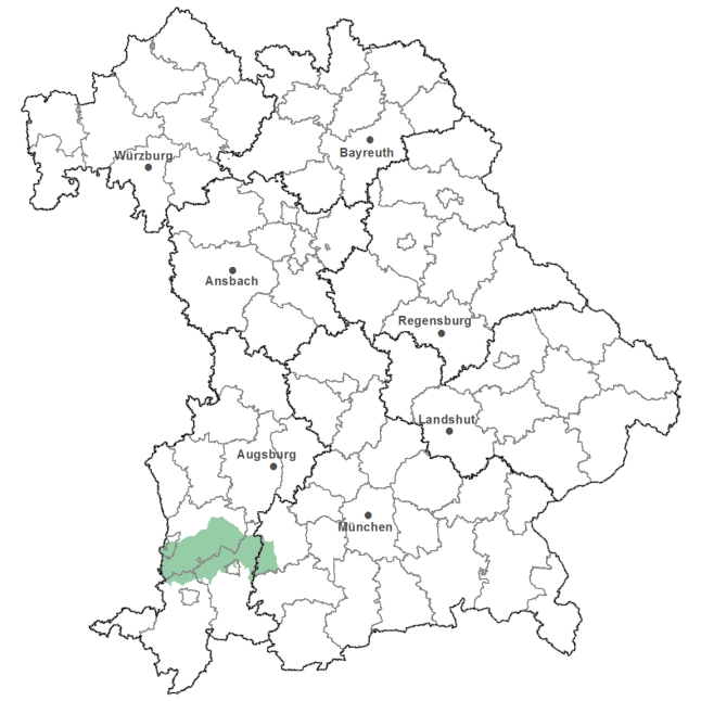 Die Karte zeigt das Bundesland Bayern. Zusätzlich sind die Grenzen der bayerischen Regierungsbezirke zu erkennen. Die ausgewählte Region ist als grüner Flächenumriss gekennzeichnet. Die Region Vorallgäu liegt im Südwesten von Bayern.