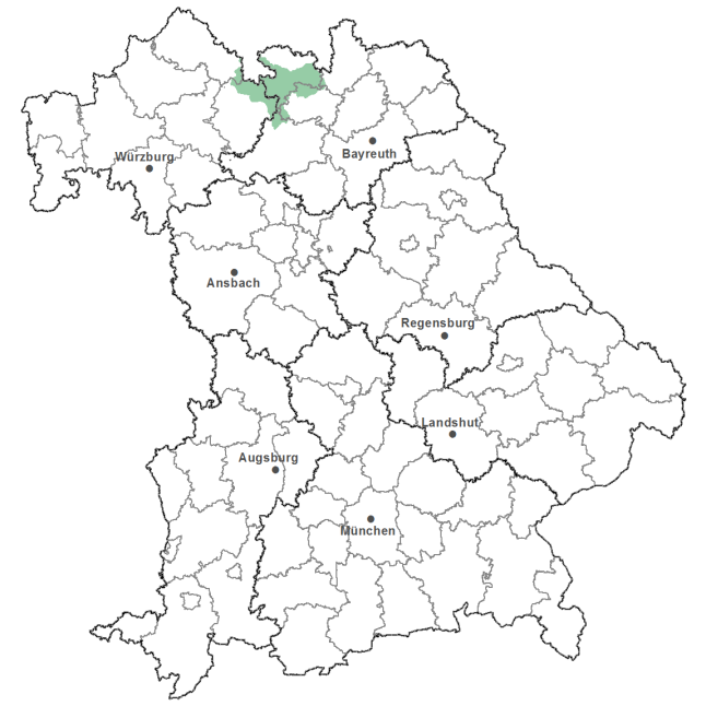 Die Karte zeigt das Bundesland Bayern. Zusätzlich sind die Grenzen der bayerischen Regierungsbezirke zu erkennen. Die ausgewählte Region ist als grüner Flächenumriss gekennzeichnet. Die Region Itz-Baunach-Hügelland liegt zentral im Norden von Bayern.