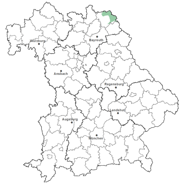Die Karte zeigt das Bundesland Bayern. Zusätzlich sind die Grenzen der bayerischen Regierungsbezirke zu erkennen. Die ausgewählte Region ist als grüner Flächenumriss gekennzeichnet. Die Region Bayerisches Vogtland liegt im Nordosten von Bayern.
