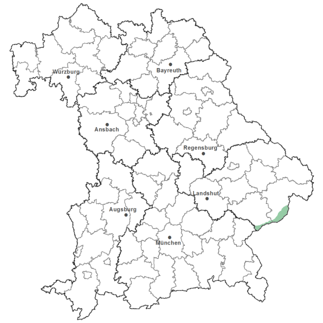 Die Karte zeigt das Bundesland Bayern. Zusätzlich sind die Grenzen der bayerischen Regierungsbezirke zu erkennen. Die ausgewählte Region ist als grüner Flächenumriss gekennzeichnet. Die Region Unteres Inntal liegt in Niederbayern entlang des Inn.