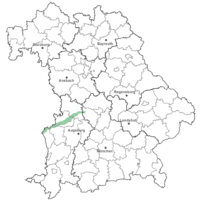 Die Karte zeigt das Bundesland Bayern. Zusätzlich sind die Grenzen der bayerischen Regierungsbezirke zu erkennen. Die ausgewählte Region ist als grüner Flächenumriss gekennzeichnet. Die Region Donauried liegt an der Donau im Regierungsbezirk Schwaben.