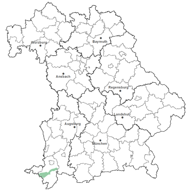 Die Karte zeigt das Bundesland Bayern. Zusätzlich sind die Grenzen der bayerischen Regierungsbezirke zu erkennen. Die ausgewählte Region ist als grüner Flächenumriss gekennzeichnet. Die Region Allgäuer Molassevoralpen liegt im Südwesten von Bayern.