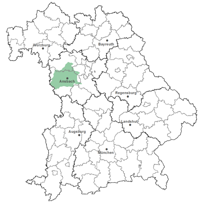 Die Karte zeigt das Bundesland Bayern. Zusätzlich sind die Grenzen der bayerischen Regierungsbezirke zu erkennen. Die ausgewählte Region ist als grüner Flächenumriss gekennzeichnet. Die Region Frankenhöhe liegt in der Umgebung von Ansbach. 