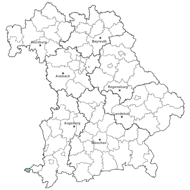 Die Karte zeigt das Bundesland Bayern. Zusätzlich sind die Grenzen der bayerischen Regierungsbezirke zu erkennen. Die ausgewählte Region ist als grüner Flächenumriss gekennzeichnet. Die Region Bayerische Bodenseelandschaft liegt im Südwesten von Bayern am Bodensee.