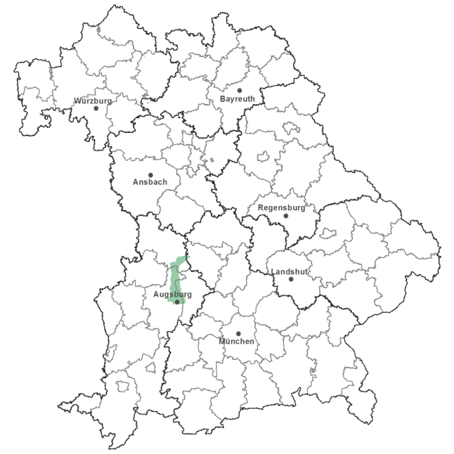 Die Karte zeigt das Bundesland Bayern. Zusätzlich sind die Grenzen der bayerischen Regierungsbezirke zu erkennen. Die ausgewählte Region ist als grüner Flächenumriss gekennzeichnet. Die Region Unteres Lechtal liegt am Lech in nördlicher Richtung von Augsburg.
