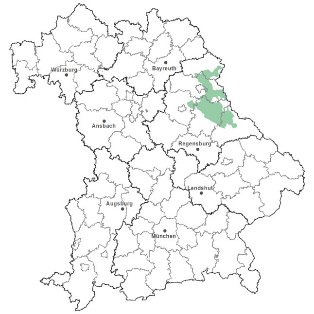 Die Karte zeigt das Bundesland Bayern. Zusätzlich sind die Grenzen der bayerischen Regierungsbezirke zu erkennen. Die ausgewählte Region ist als grüner Flächenumriss gekennzeichnet. Die Region Vorderer Oberpfälzer Wald liegt im Osten des Regierungsbezirks Oberpfalz.