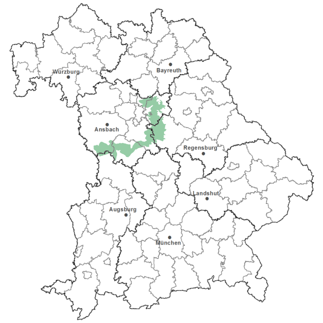 Die Karte zeigt das Bundesland Bayern. Zusätzlich sind die Grenzen der bayerischen Regierungsbezirke zu erkennen. Die ausgewählte Region ist als grüner Flächenumriss gekennzeichnet. Die Region Südliches Albvorland liegt der südlichen- und östlichen Grenze von Mittelfranken.