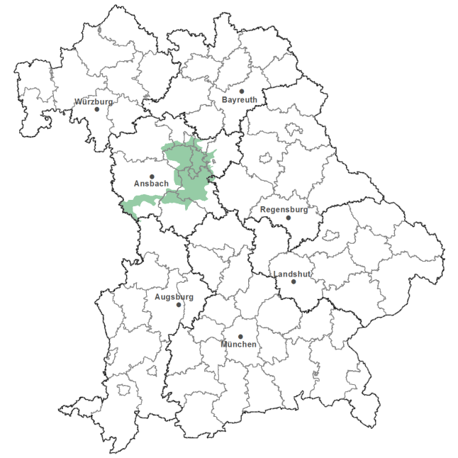 Die Karte zeigt das Bundesland Bayern. Zusätzlich sind die Grenzen der bayerischen Regierungsbezirke zu erkennen. Die ausgewählte Region ist als grüner Flächenumriss gekennzeichnet. Die Region Südliche Keuperabdachung liegt in der Umgebung von Nürnberg.