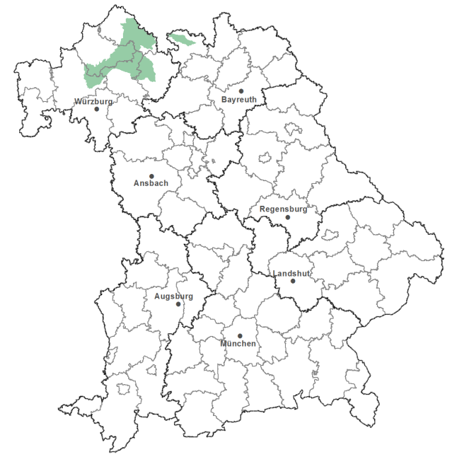 Die Karte zeigt das Bundesland Bayern. Zusätzlich sind die Grenzen der bayerischen Regierungsbezirke zu erkennen. Die ausgewählte Region ist als grüner Flächenumriss gekennzeichnet. Die Region Nördliche Fränkische Platte liegt im Norden von Bayern.