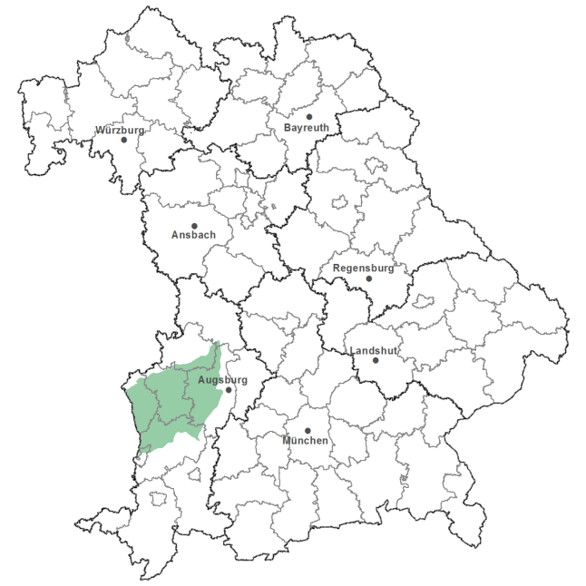 Die Karte zeigt das Bundesland Bayern. Zusätzlich sind die Grenzen der bayerischen Regierungsbezirke zu erkennen. Die ausgewählte Region ist als grüner Flächenumriss gekennzeichnet. Die Region Mittelschwäbisches Schotterriedel- und Hügelland liegt im Westen von Augsburg. 