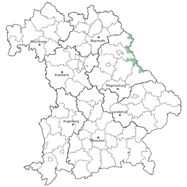 Die Karte zeigt das Bundesland Bayern. Zusätzlich sind die Grenzen der bayerischen Regierungsbezirke zu erkennen. Die ausgewählte Region ist als grüner Flächenumriss gekennzeichnet. Die Region Innerer Oberpfälzer Wald liegt im Osten des Regierungsbezirks Oberpfalz.
