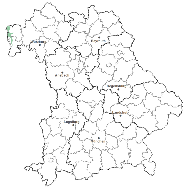 Die Karte zeigt das Bundesland Bayern. Zusätzlich sind die Grenzen der bayerischen Regierungsbezirke zu erkennen. Die ausgewählte Region ist als grüner Flächenumriss gekennzeichnet. Die Region Untermainebene liegt im Nordwesten von Bayern.