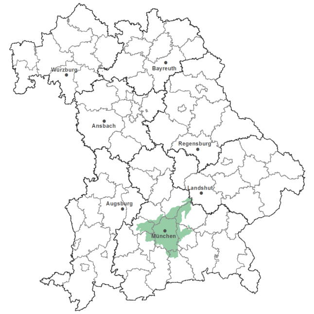 Die Karte zeigt das Bundesland Bayern. Zusätzlich sind die Grenzen der bayerischen Regierungsbezirke zu erkennen. Die ausgewählte Region ist als grüner Flächenumriss gekennzeichnet. Die Region Münchener Schotterebene umgibt München. 