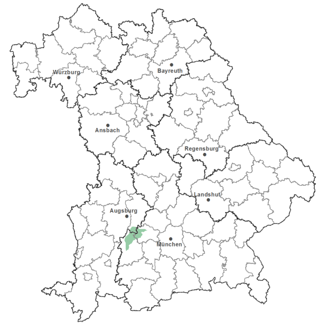 Die Karte zeigt das Bundesland Bayern. Zusätzlich sind die Grenzen der bayerischen Regierungsbezirke zu erkennen. Die ausgewählte Region ist als grüner Flächenumriss gekennzeichnet. Die Region Landsberger Altmoräne liegt zwischen Augsburg und München.