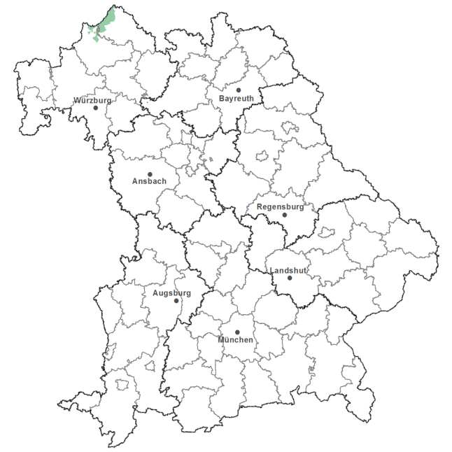 Die Karte zeigt das Bundesland Bayern. Zusätzlich sind die Grenzen der bayerischen Regierungsbezirke zu erkennen. Die ausgewählte Region ist als grüner Flächenumriss gekennzeichnet. Die Region Hohe Rhön liegt im Norden von Bayern und ist Teil der Mittelgebirgslandschaft Rhön.