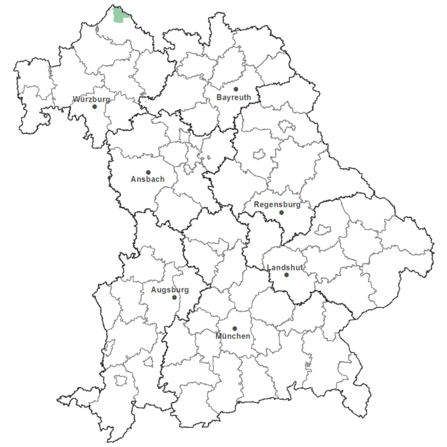 Die Karte zeigt das Bundesland Bayern. Zusätzlich sind die Grenzen der bayerischen Regierungsbezirke zu erkennen. Die ausgewählte Region ist als grüner Flächenumriss gekennzeichnet. Die Region Stedtlinger Gebiet liegt nördlichsten Teil von Bayern.