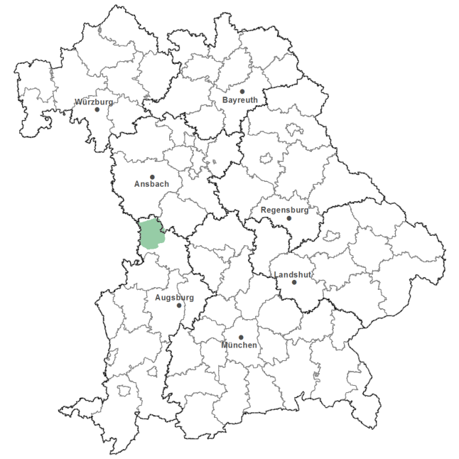Die Karte zeigt das Bundesland Bayern. Zusätzlich sind die Grenzen der bayerischen Regierungsbezirke zu erkennen. Die ausgewählte Region ist als grüner Flächenumriss gekennzeichnet. Die Region Ries liegt zentral im Westen von Bayern.