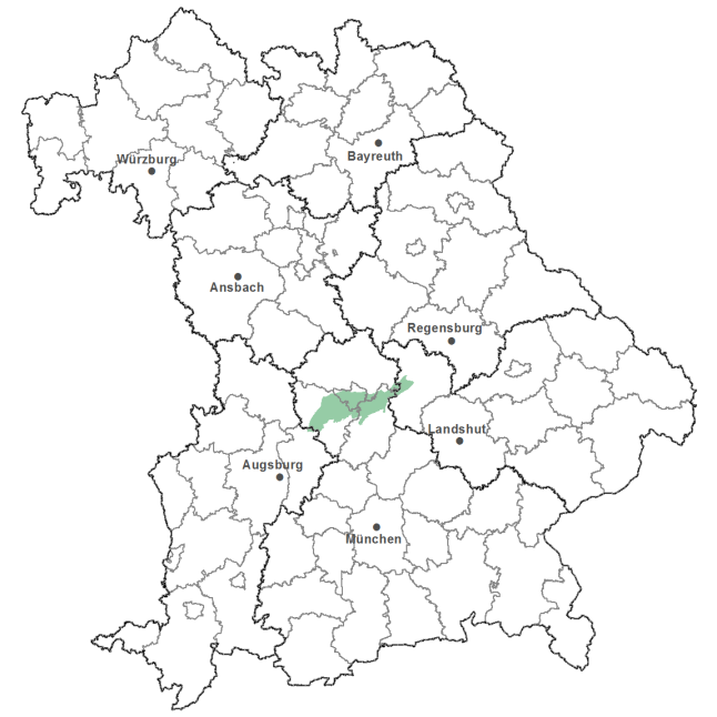 Die Karte zeigt das Bundesland Bayern. Zusätzlich sind die Grenzen der bayerischen Regierungsbezirke zu erkennen. Die ausgewählte Region ist als grüner Flächenumriss gekennzeichnet. Die Region Ingolstädter Donauniederung liegt im Norden des Regierungsbezirks Oberbayern.