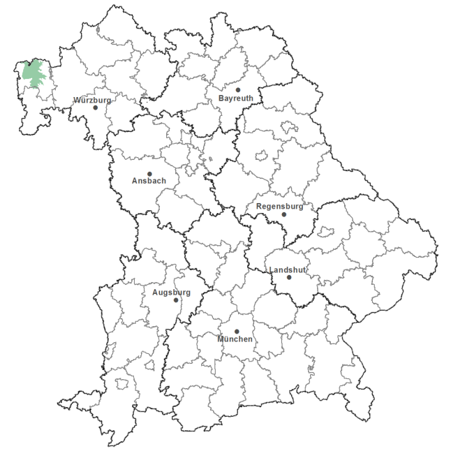 Die Karte zeigt das Bundesland Bayern. Zusätzlich sind die Grenzen der bayerischen Regierungsbezirke zu erkennen. Die ausgewählte Region ist als grüner Flächenumriss gekennzeichnet. Die Region Grundgebirgsspessart liegt im Nordwesten von Bayern.