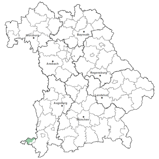 Die Karte zeigt das Bundesland Bayern. Zusätzlich sind die Grenzen der bayerischen Regierungsbezirke zu erkennen. Die ausgewählte Region ist als grüner Flächenumriss gekennzeichnet. Die Region Westallgäuer Bergland liegt im Südwesten von Bayern.