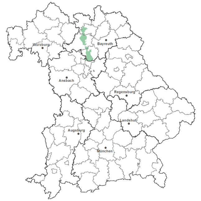 Die Karte zeigt das Bundesland Bayern. Zusätzlich sind die Grenzen der bayerischen Regierungsbezirke zu erkennen. Die ausgewählte Region ist als grüner Flächenumriss gekennzeichnet. Die Region Nördliches Albvorland liegt in Oberfranken.