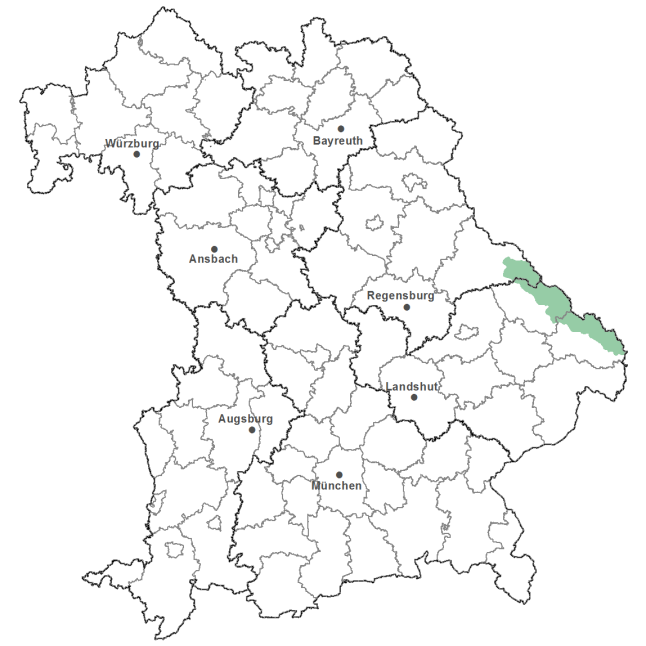 Die Karte zeigt das Bundesland Bayern. Zusätzlich sind die Grenzen der bayerischen Regierungsbezirke zu erkennen. Die ausgewählte Region ist als grüner Flächenumriss gekennzeichnet. Die Region Innerer Bayerischer Wald liegt im Osten von Bayern.