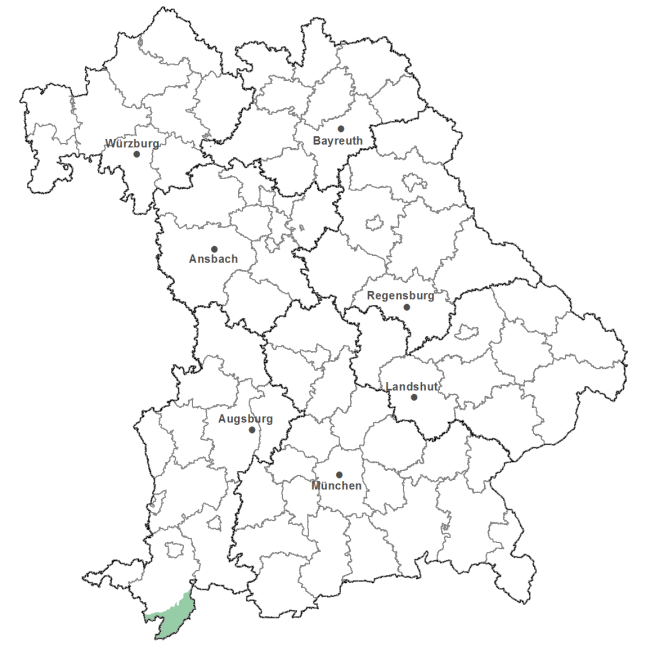 Die Karte zeigt das Bundesland Bayern. Zusätzlich sind die Grenzen der bayerischen Regierungsbezirke zu erkennen. Die ausgewählte Region ist als grüner Flächenumriss gekennzeichnet. Die Region Allgäuer Hochalpen liegt im Südwesten von Bayern.