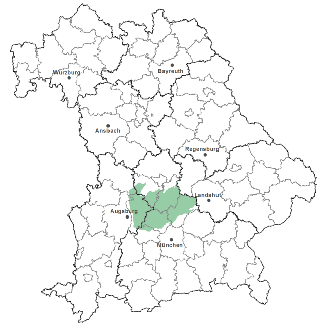 Die Karte zeigt das Bundesland Bayern. Zusätzlich sind die Grenzen der bayerischen Regierungsbezirke zu erkennen. Die ausgewählte Region ist als grüner Flächenumriss gekennzeichnet. Die Region Oberbayerisches Tertiärhügelland liegt im Osten von Augsburg.