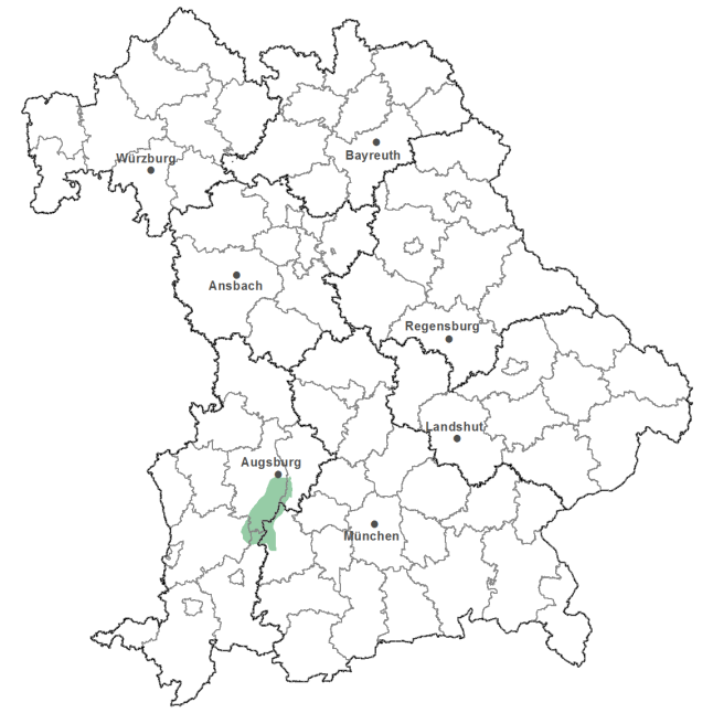 Die Karte zeigt das Bundesland Bayern. Zusätzlich sind die Grenzen der bayerischen Regierungsbezirke zu erkennen. Die ausgewählte Region ist als grüner Flächenumriss gekennzeichnet. Die Region Lechfeld am Lech in südlicher Richtung von Augsburg.