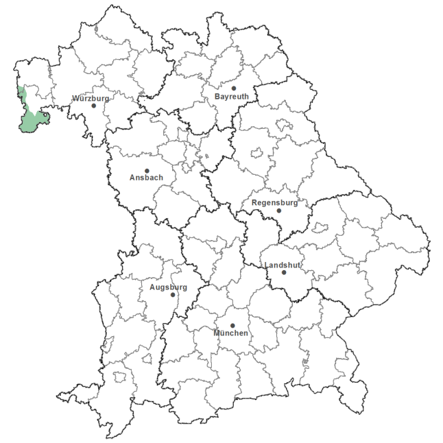 Die Karte zeigt das Bundesland Bayern. Zusätzlich sind die Grenzen der bayerischen Regierungsbezirke zu erkennen. Die ausgewählte Region ist als grüner Flächenumriss gekennzeichnet. Die Region Bayerischer Odenwald liegt im Nordwesten von Bayern.