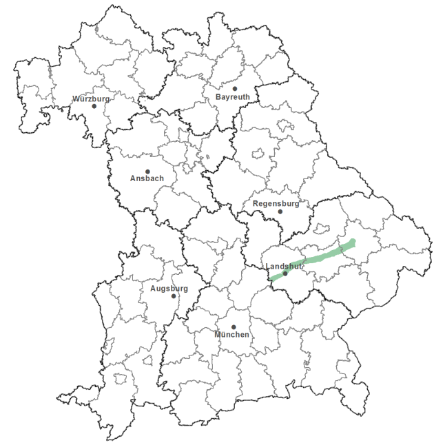 Die Karte zeigt das Bundesland Bayern. Zusätzlich sind die Grenzen der bayerischen Regierungsbezirke zu erkennen. Die ausgewählte Region ist als grüner Flächenumriss gekennzeichnet. Die Region Unteres Isartal liegt in Niederbayern entlang der Isar.