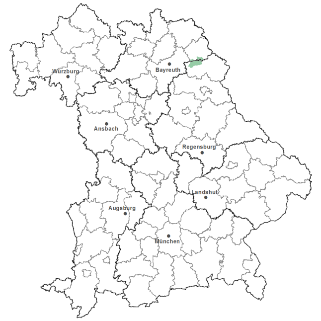 Die Karte zeigt das Bundesland Bayern. Zusätzlich sind die Grenzen der bayerischen Regierungsbezirke zu erkennen. Die ausgewählte Region ist als grüner Flächenumriss gekennzeichnet. Die Region Brand-Neusorger Becken liegt im Osten von Bayreuth.