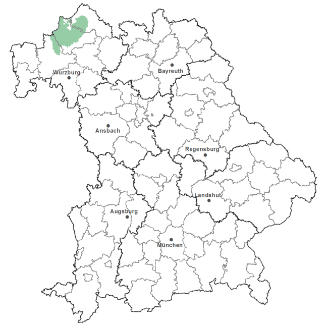 Die Karte zeigt das Bundesland Bayern. Zusätzlich sind die Grenzen der bayerischen Regierungsbezirke zu erkennen. Die ausgewählte Region ist als grüner Flächenumriss gekennzeichnet. Die Region Vorrhön liegt im Norden von Bayern und ist Teil der Mittelgebirgslandschaft Rhön.