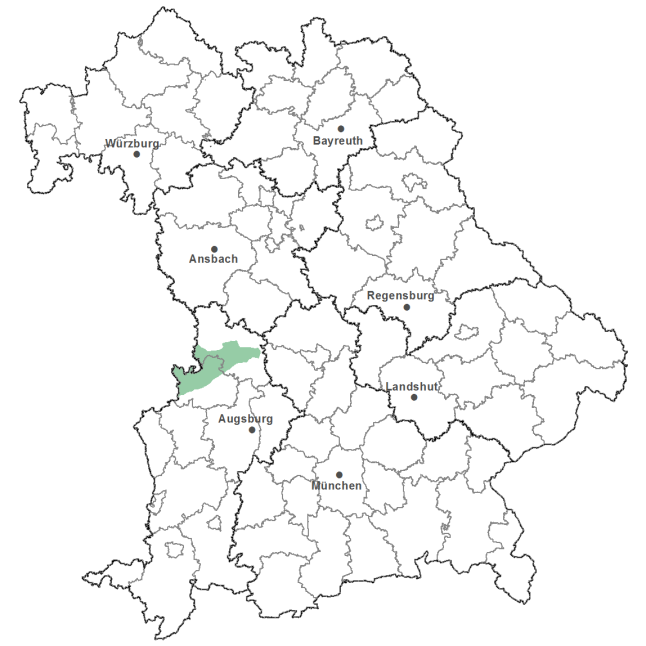 Die Karte zeigt das Bundesland Bayern. Zusätzlich sind die Grenzen der bayerischen Regierungsbezirke zu erkennen. Die ausgewählte Region ist als grüner Flächenumriss gekennzeichnet. Die Region Schwäbische Riesalb liegt im Westen von Bayern.
