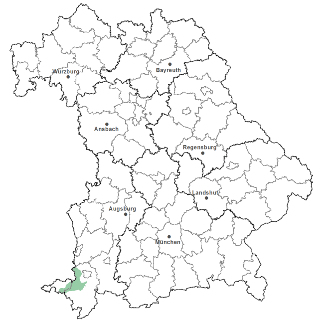 Die Karte zeigt das Bundesland Bayern. Zusätzlich sind die Grenzen der bayerischen Regierungsbezirke zu erkennen. Die ausgewählte Region ist als grüner Flächenumriss gekennzeichnet. Die Region Kürnacher Molassebergland liegt im Südwesten von Bayern. 