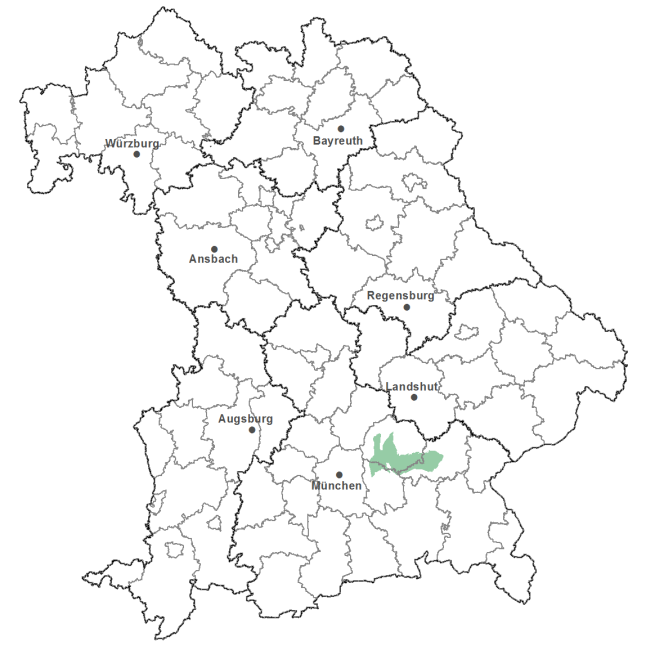 Die Karte zeigt das Bundesland Bayern. Zusätzlich sind die Grenzen der bayerischen Regierungsbezirke zu erkennen. Die ausgewählte Region ist als grüner Flächenumriss gekennzeichnet. Die Region Isener Altmoräne und Hochterrasse liegt östlich von München.