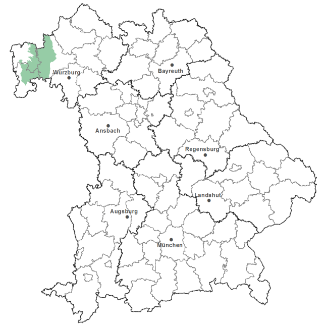 Die Karte zeigt das Bundesland Bayern. Zusätzlich sind die Grenzen der bayerischen Regierungsbezirke zu erkennen. Die ausgewählte Region ist als grüner Flächenumriss gekennzeichnet. Die Region Buntsandsteinspessart liegt im Nordwesten von Bayern.