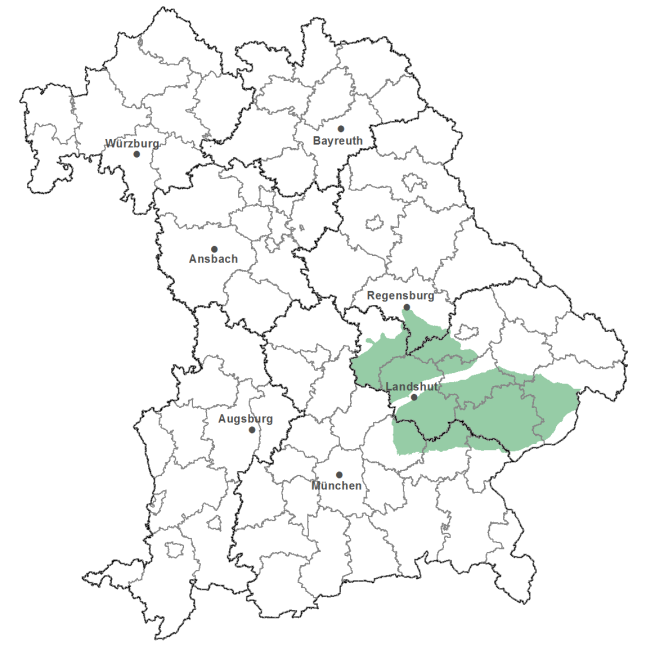 Die Karte zeigt das Bundesland Bayern. Zusätzlich sind die Grenzen der bayerischen Regierungsbezirke zu erkennen. Die ausgewählte Region ist als grüner Flächenumriss gekennzeichnet. Die Region Niederbayerisches Tertiärhügelland umgibt Landshut. 
