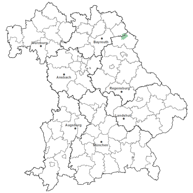 Die Karte zeigt das Bundesland Bayern. Zusätzlich sind die Grenzen der bayerischen Regierungsbezirke zu erkennen. Die ausgewählte Region ist als grüner Flächenumriss gekennzeichnet. Die Region Mitterteicher Basaltgebiet liegt im Nordosten von Bayern.