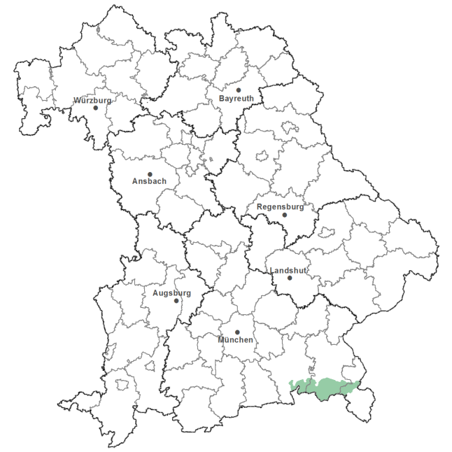 Die Karte zeigt das Bundesland Bayern. Zusätzlich sind die Grenzen der bayerischen Regierungsbezirke zu erkennen. Die ausgewählte Region ist als grüner Flächenumriss gekennzeichnet. Die Region Chiemgauer Alpen und Saalforsten liegt im Südosten von Bayern.