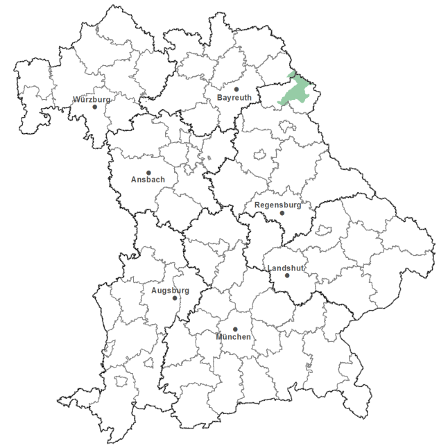 Die Karte zeigt das Bundesland Bayern. Zusätzlich sind die Grenzen der bayerischen Regierungsbezirke zu erkennen. Die ausgewählte Region ist als grüner Flächenumriss gekennzeichnet. Die Region Waldsassener Schiefergebiet und Wiesauer Senke liegt im Nordosten des Regierungsbezirks Oberpfalz.