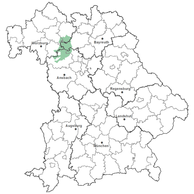 Die Karte zeigt das Bundesland Bayern. Zusätzlich sind die Grenzen der bayerischen Regierungsbezirke zu erkennen. Die ausgewählte Region ist als grüner Flächenumriss gekennzeichnet. Die Region Steigerwald liegt zentral in den fränkischen Regierungsbezirken.