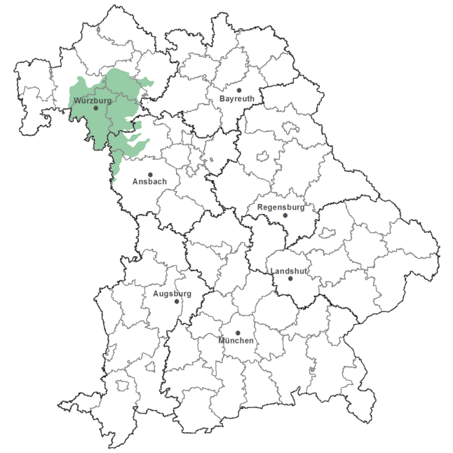 Die Karte zeigt das Bundesland Bayern. Zusätzlich sind die Grenzen der bayerischen Regierungsbezirke zu erkennen. Die ausgewählte Region ist als grüner Flächenumriss gekennzeichnet. Die Region Südliche Fränkische Platte liegt im Nordwesten von Bayern.
