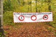 Waldweg ist mit einen Banner mit der Aufschrift "Stop! Forstarbeiten! Lebensgefahr!" versperrt