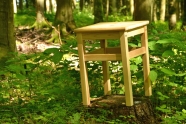 Stuhl aus Holz steht im Wald auf einem Baumstumpf